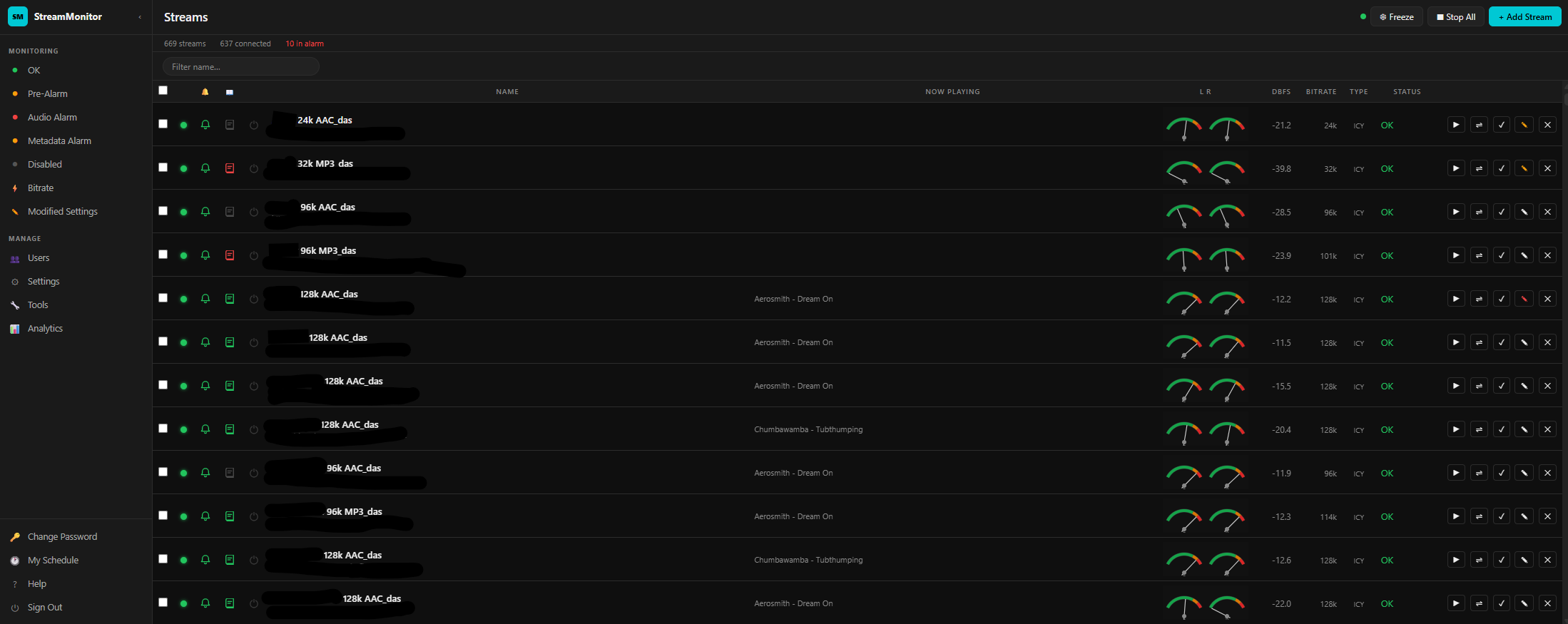 StreamMonitor dashboard — live stream list with VU meters, dBFS levels, bitrate, and now-playing metadata